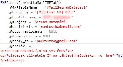 MSSQL procedura na odeslání TMP tabulky mailem